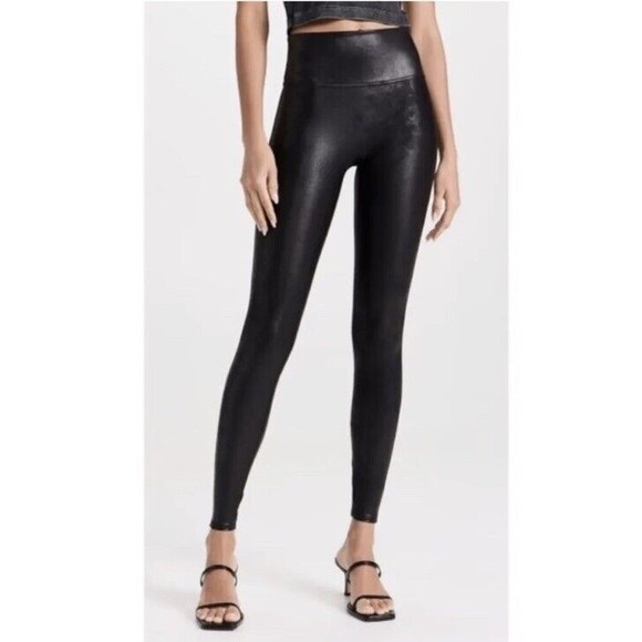 Spanx Black Faux Leather Leggings Women's Size Medium Stretch Pull On High Waist - Picture 1 of 14